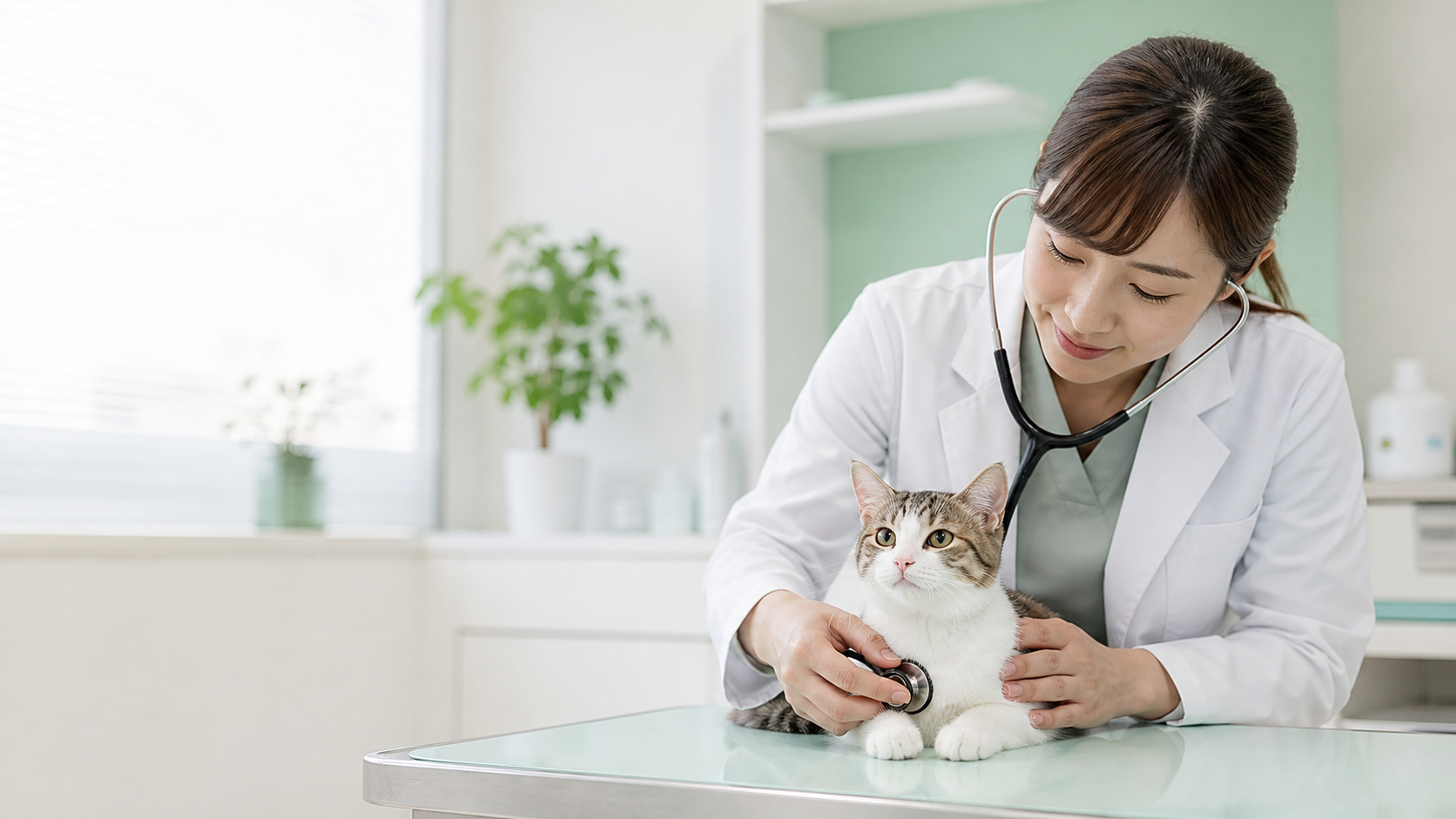 動物病院で聴診を受ける白い猫